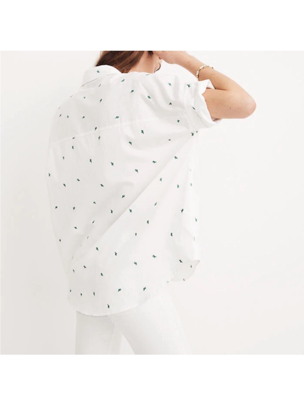 Boxy Madewell White Short-Sleeve Button-Down with Green Cactus Embroidery - Picture 3 of 8